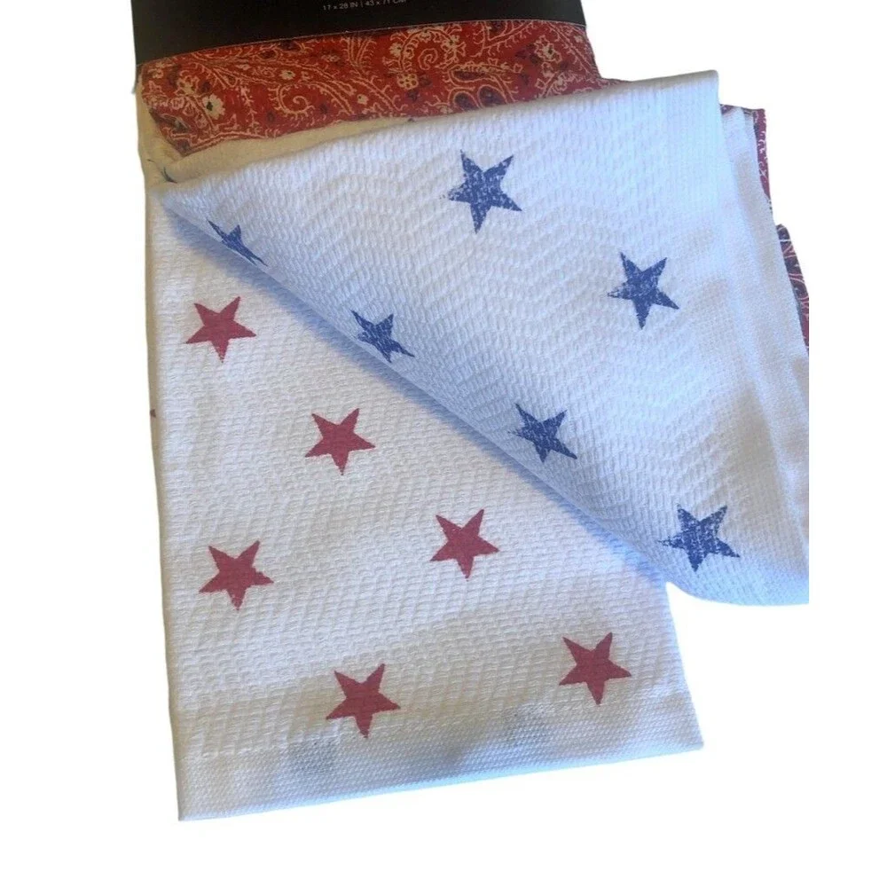 Ralph Lauren Kitchen Dish Towels July 4th Red Paisley Bandana Stars Set of 3